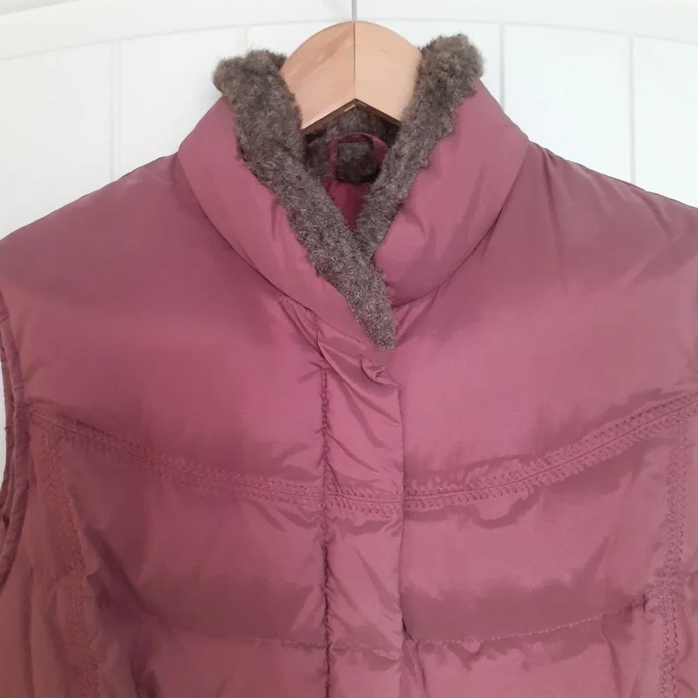 Eddie Bauer Goose Down Full Zip & Snap Vest with Faux Fur Collar Red Size L